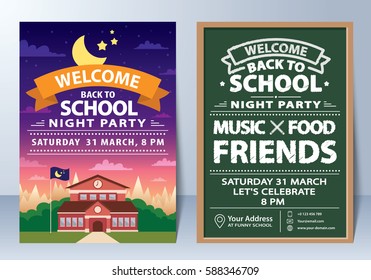 Invitation Of Back To School Night Party Template Design. Vector Illustration. Can Be Used For Banner, Flyer, Leaflet, Layout, Web Design, Invitation Card, Poster, Background.