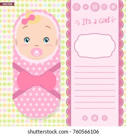 Invitation background with a cute baby, lettering, decorative scrapbook elements and space for text. 
