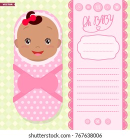Invitation background with a cute baby, lettering, decorative scrapbook elements and space for text. 