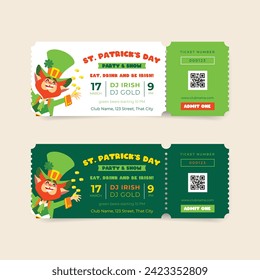 Fondos de invitación decorados con un gracioso leprechaun sonriente sosteniendo una pinta de cerveza verde y jugando con monedas. Vector 10 EPS.