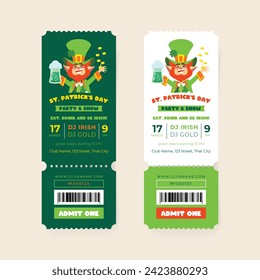 Fondos de invitación decorados con un gracioso leprechaun sonriente sosteniendo una pinta de cerveza verde y jugando con monedas. Vector 10 EPS.