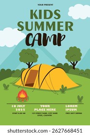 Invitation banner for camping, hiking, summer camp. Flat vector illustration.