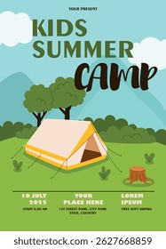 Invitation banner for camping, hiking, summer camp for kids. Flat vector illustration.