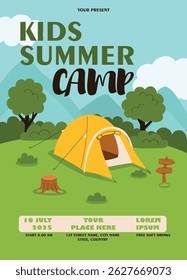 Invitation banner for camping, hiking, summer camp for kids. Outdoor recreation. Flat vector illustration.