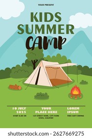 Invitation banner for camping, hiking, summer camp. Outdoor recreation. Flat vector illustration.