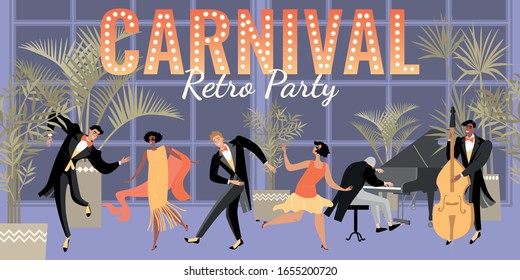 Invitation banner for a carnival party in the style of the 1920s with musicians and people dancing charleston. Cartoon style vector illustration