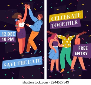 Invitation banner, celebrate together with free entry. People dancing under falling confetti. Friends and family spending time and holidays xmas new year christmas. Vector in flat style illustration