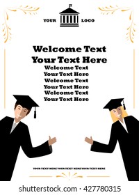 Invitation banner design for high schools and universities. Smiling girl and guy welcome to  graduation ceremony, welcome day, admission campaign, or other university event.
