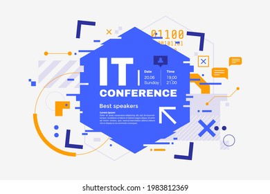 Invitation Banner To The Information Technology Conference. IT Webinar Invitation Design. Announcement Poster Concept In Digital Glitch Style. Futuristic Background With Place For Text. Vector Eps 10.