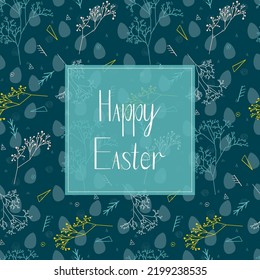 An invitation or a banner with lettering Happy easter with colorful mimosa pattern and blue eggs on the background. 