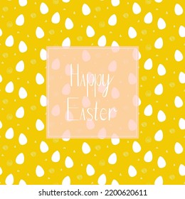 An invitation or a banner with lettering Happy easter with yellow egg pattern on the background. 