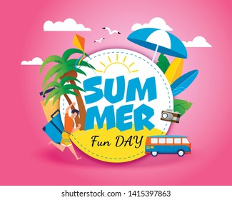 Invitation Banner Motivating for Travel. Summer Fun Day Lettering in Circle over Pink Sky Backdrop with Gulls and Clouds. Ad Text, Happy Man, Traveler Accessories. Vector Flat Bus Trip Illustration
