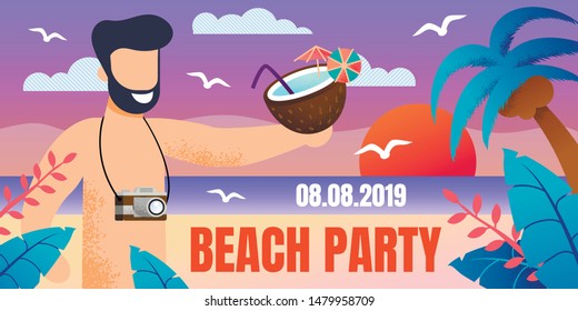 Invitation Banner on Open Air Tropical Beach Party. Happy Smiling Bearded Man with Camera and Coconut Cocktail Welcoming to Event at Ocean Coast. Summer Vacation Time. Vector Flat Illustration