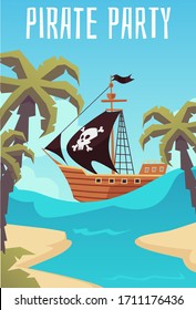 Invitation banner for pirate party, childrens birthday or quest with treasure hunting, flat cartoon vector illustration. Background with sailboat and tropical island.