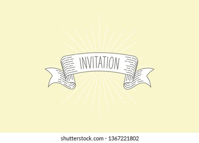 Invitation banner. Ribbon banner greeting card in vintage look with word invitation, engraving style graphic. Retro design element. Vector Illustration.