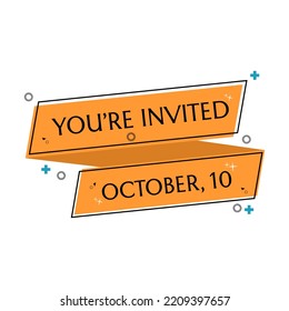 invitation banner with save the date text. memphis theme and orarnge background