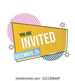 invitation banner with save the date text. memphis theme and yellow background.rectangular shape badge