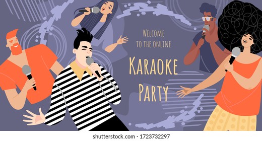 Invitation banner template for online karaoke party with cheerful young people singing in microphones. Cartoon vector illustration in a flat style.