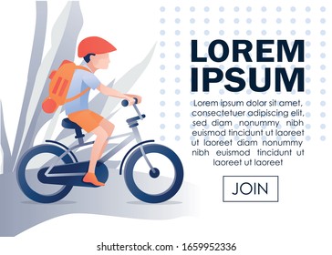 Invitation Banner. Walk on Bicycle Avert. Cartoon Schoolboy Riding Bike. Boy Wearing Protective Clothes and Carrying Backpack. Eco Trip on Vacation. Travel and Recreation. Vector Flat Illustration