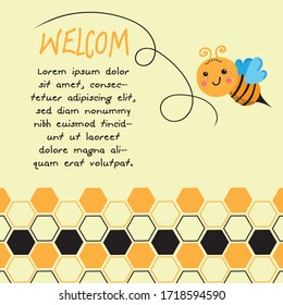 Einladung Bienenvektor. Banner für Kinder zum Geburtstag gratulieren auf Wabenhintergrund