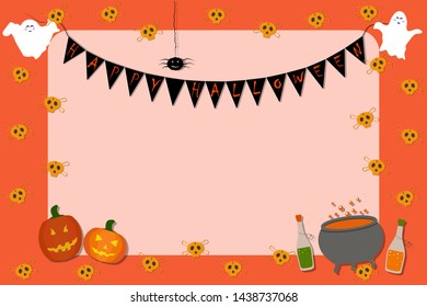 
Invitation billboard for Halloween. Skulls, bottles, ghosts, pumpkins, cauldron, spider on an orange background. Flat vector. Illustration.