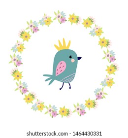 Invitation with birds and flowers. Stylish floral card. Summer background in bright colors. Greeting card, poster, banner illustration. Isolated scandinavian cartoon illustration.