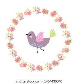 Invitation with birds and flowers. Stylish floral card. Summer background in bright colors. Greeting card, poster, banner illustration. Isolated scandinavian cartoon illustration.