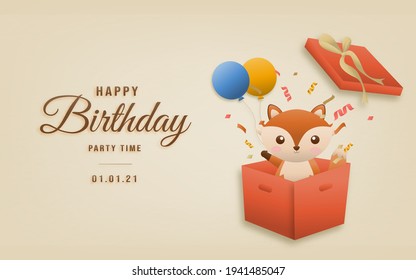 Invitation birthday fox greeting card with a cute animal. Party animals celebrate children's birthday and template invitation paper art style vector illustration.
