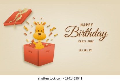 Invitation birthday giraffe greeting card with a cute animal. Party animals celebrate children's birthday and template invitation paper art style vector illustration.
