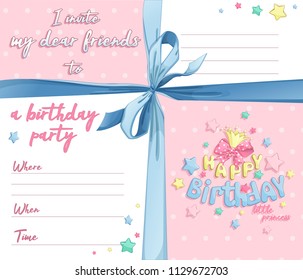 Invitation for a birthday for the girl. Postcard template. Elegant blue bow, frames and lines for text, polka dots on a pink background, a lush bow, a princess crown and a congratulatory lettering.