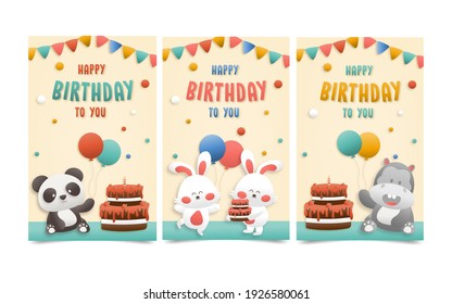Invitation birthday greeting card with a cute animal.  jungle animals celebrate children's birthday and template invitation paper art style vector illustration.