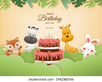 Invitation birthday greeting card with a cute animal. jungle animals celebrate children's birthday and template invitation paper art style vector illustration.	
