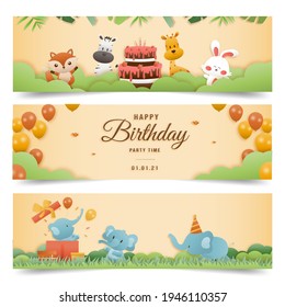 Invitation birthday greeting card with a cute animal. jungle animals celebrate children's birthday and template invitation  papercraft style vector illustration.	