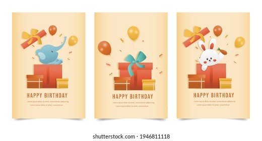 Invitation birthday greeting card with a cute animal and gift box. jungle animals celebrate children's birthday and template invitation papercraft style vector illustration.