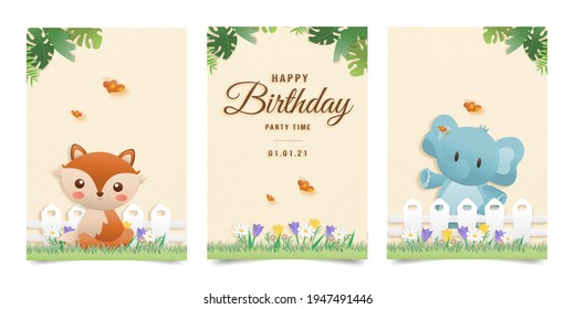 Invitation birthday greeting card with a cute animal and gift box. jungle animals celebrate children's birthday and template invitation papercraft style vector illustration.