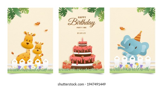 Invitation birthday greeting card with a cute animal. jungle animals celebrate children's birthday and template invitation papercraft style vector illustration.