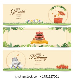 Invitation birthday greeting card with a cute animal. jungle animals celebrate children's birthday and template invitation paper art style vector illustration.	