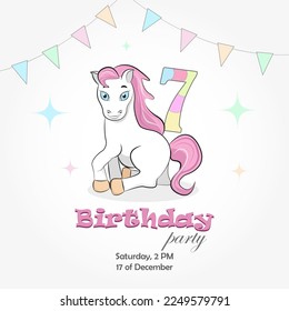 Invitation to a birthday party of 7 years old with a pony, holiday flags and the number 7. Vector illustration