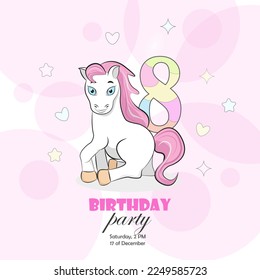 Invitation to a birthday party of 8 year old with a pony, cute hearts, flowers and translucent pink circles with the number 8. Vector illustration