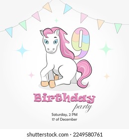 Invitation to a birthday party of 9 years old with a pony, holiday flags and the number 9. Vector illustration