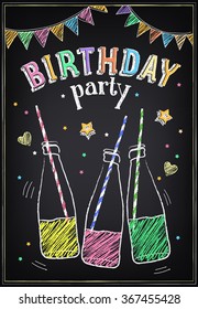 Invitation to the birthday party with bottles of soda and confetti. Freehand drawing with imitation of chalk sketch 