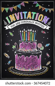 Invitation To The Birthday Party With A Cake, Candies And Confetti. Freehand Drawing With Imitation Of Chalk Sketch