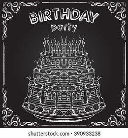 Invitation to the birthday party with birthday cake on the chalkboard. Vintage poster in hand drawn chalk sketch style. Isolated elements. Retro vector illustration