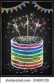 Invitation to the birthday party with a cake, sparklers and confetti. Freehand drawing with imitation of chalk sketch 