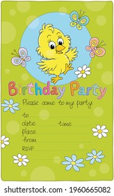 Invitation birthday party card with a happy little chick and merry colorful butterflies flittering over flowers on a pretty green lawn, vector cartoon illustration