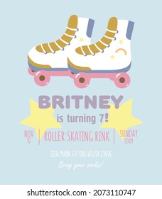 Invitation to a birthday party with cool bright roller skates. Fun cartoon illustration in vector.