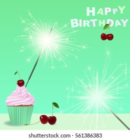 Invitation to the birthday party with a cupcake, sparklers.
