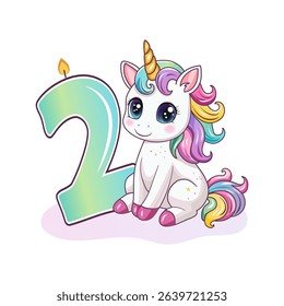 An invitation to a birthday party. Cute unicorn with the number 2. Vector illustration.