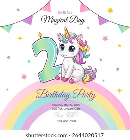 An invitation to a birthday party. Cute unicorn with the number 2. Vector illustration.
