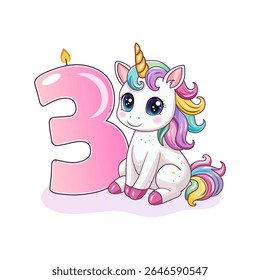 An invitation to a birthday party. Cute unicorn with the number 3. Vector illustration.